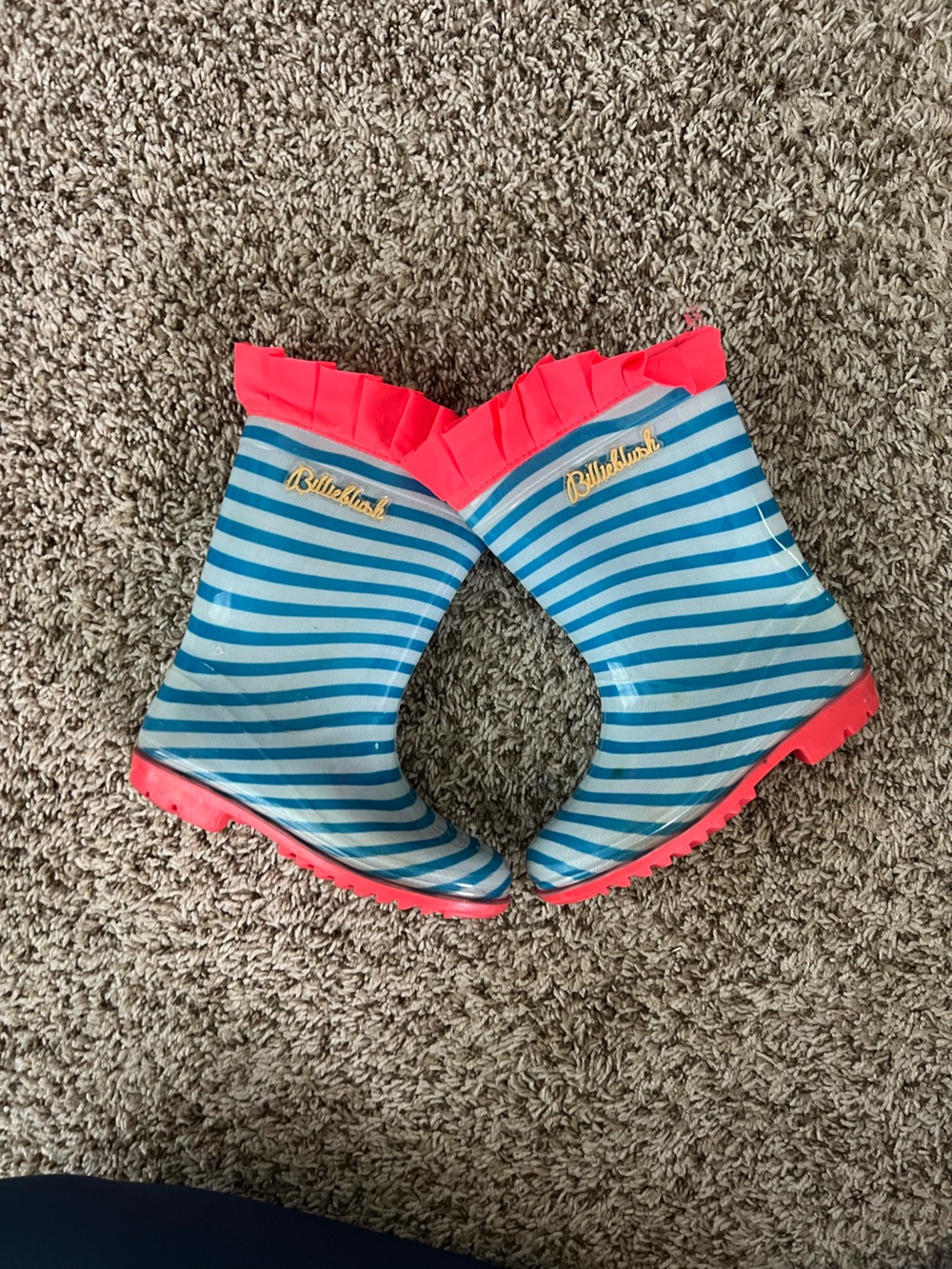 Billieblush Blue & White Striped Rain Boots with Pink Trim